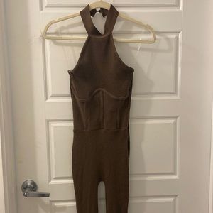 Chocolate Ribbed Halter Jumpsuit
